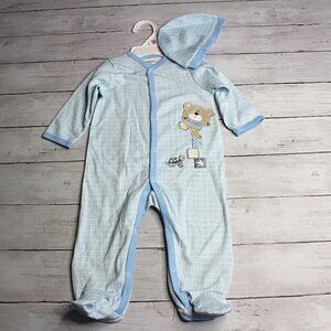 Little Me Baby Boy's Pajama Sleeper Hat Set Size 3 Months Plush Teddy Bear Blue